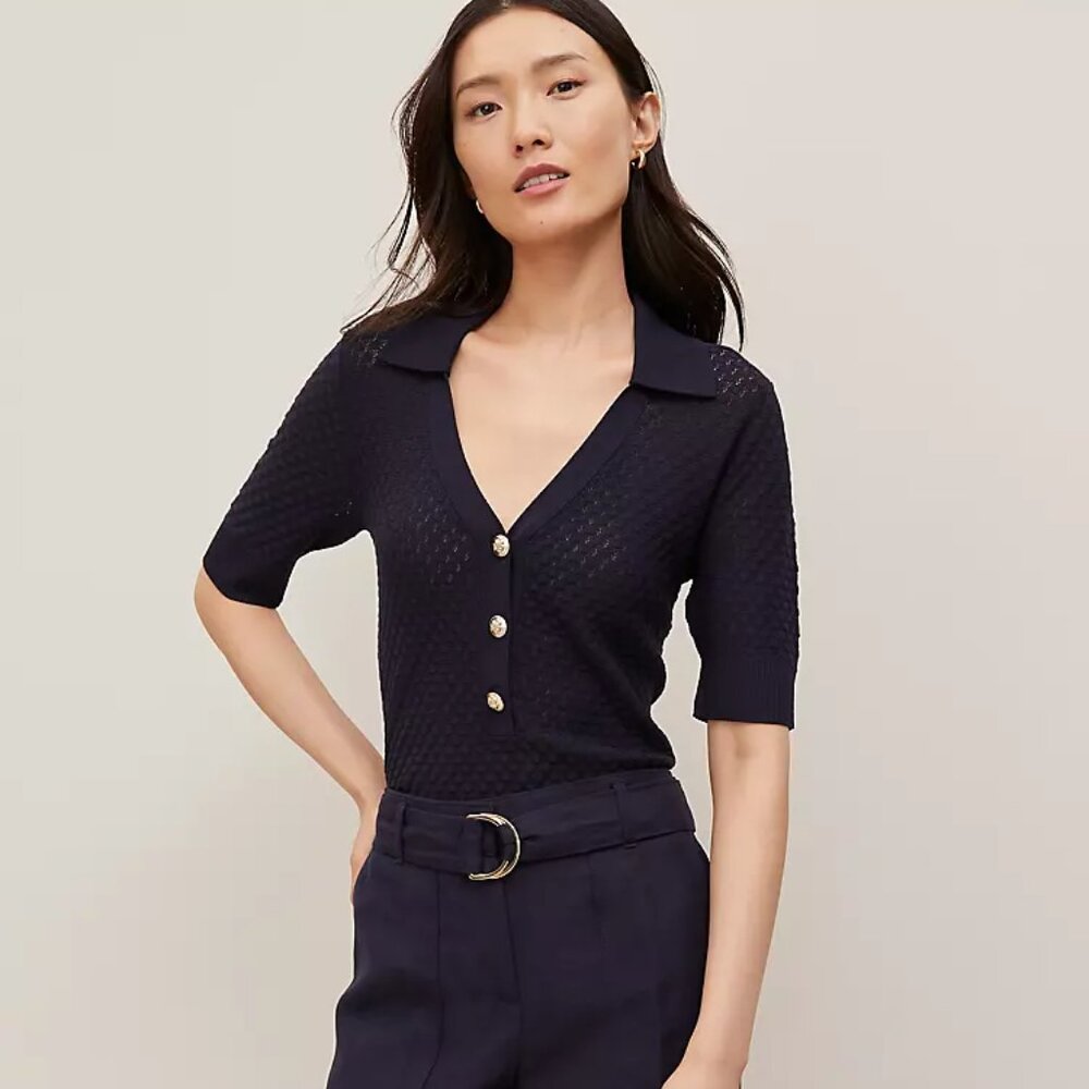 Ann Taylor Navy Short Sleeve Button Down Knit Top